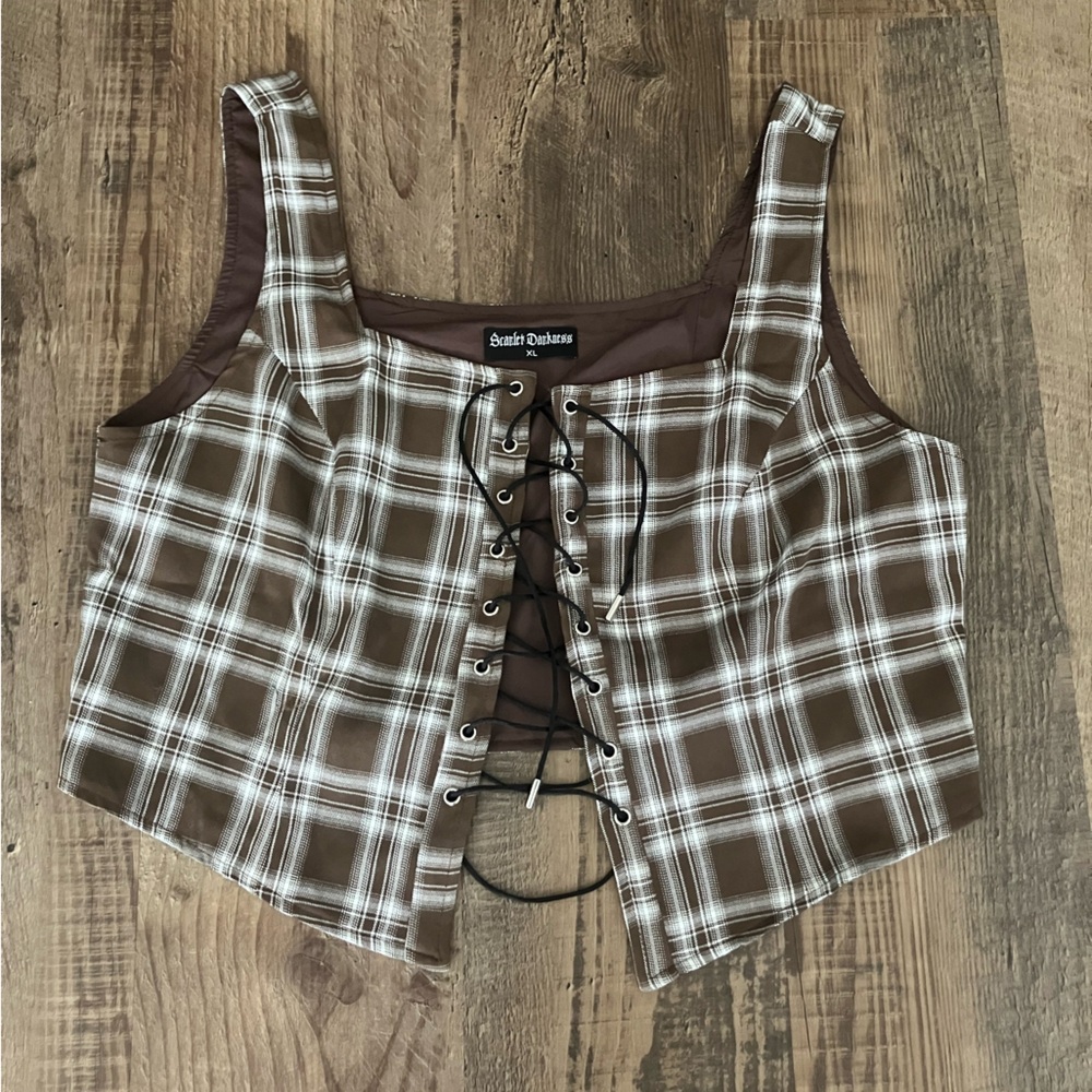 Brown Plaid Lace-Up Crop Top Corset